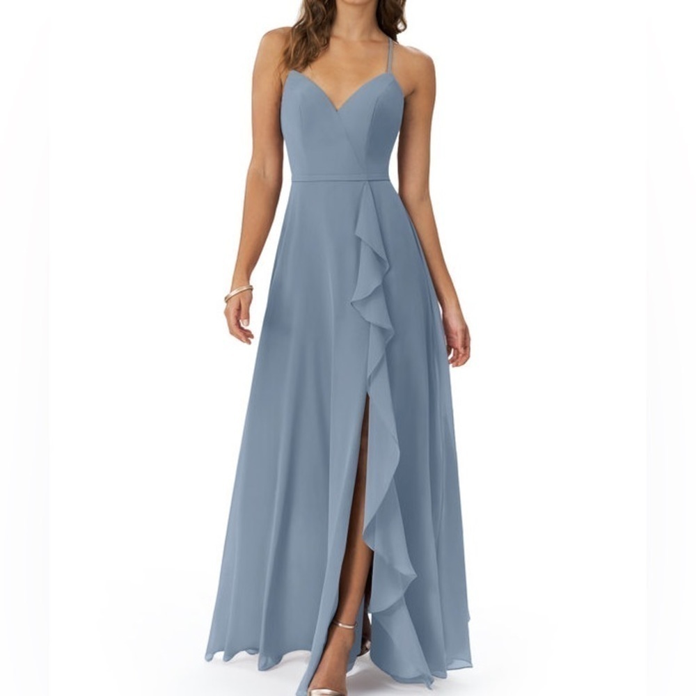 🥒 Azazie NWT Naeem A-Line Maxi Chiffon Bridesmaids Dress Slate Blue Ruffle 10